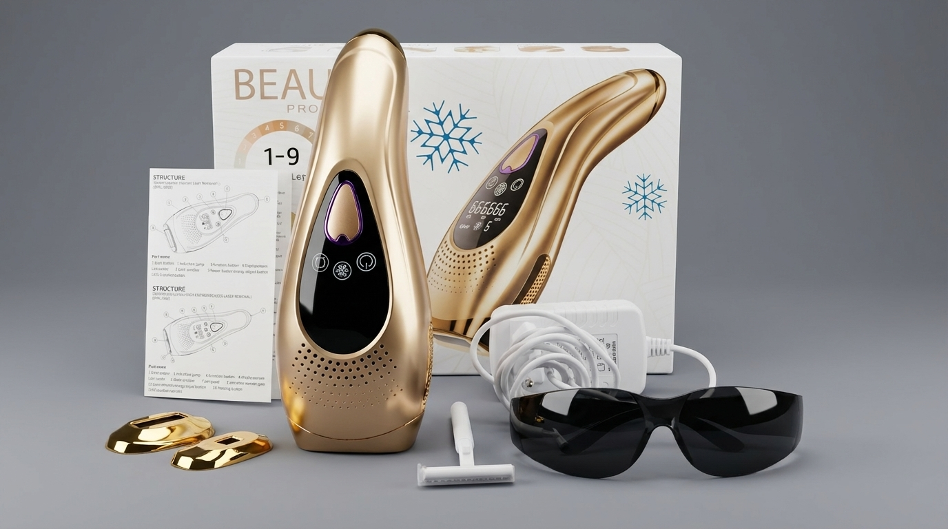 Coffret complet de l’épilateur à lumière pulsée Lumizia avec appareil IPL, boîte d’origine, lunettes de protection, rasoir, adaptateurs, chargeur et notice d’utilisation.