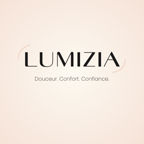 Logo Lumizia sur fond beige clair avec le slogan « Douceur. Confort. Confiance. », représentant une marque d’épilation à lumière pulsée pour peaux sensibles.