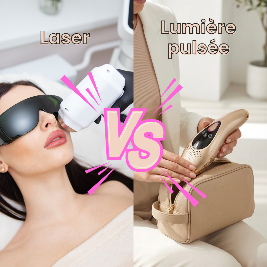 Illustration comparative entre traitement laser et épilation à lumière pulsée.